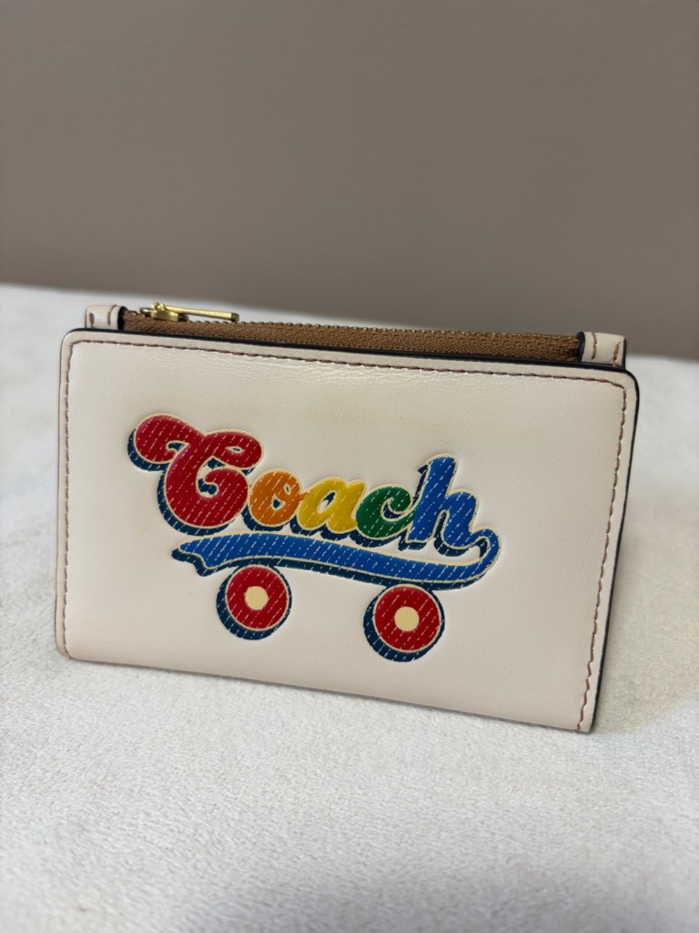 Coach Cream Leather Card Case with Rainbow Skate Logo